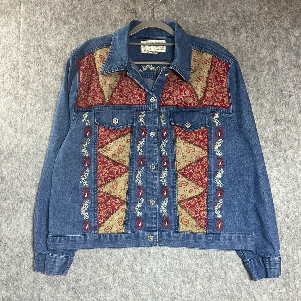 Vintage Tantrums Denim Jacket Womens Medium Embroidered Button Up Cottage Boho
